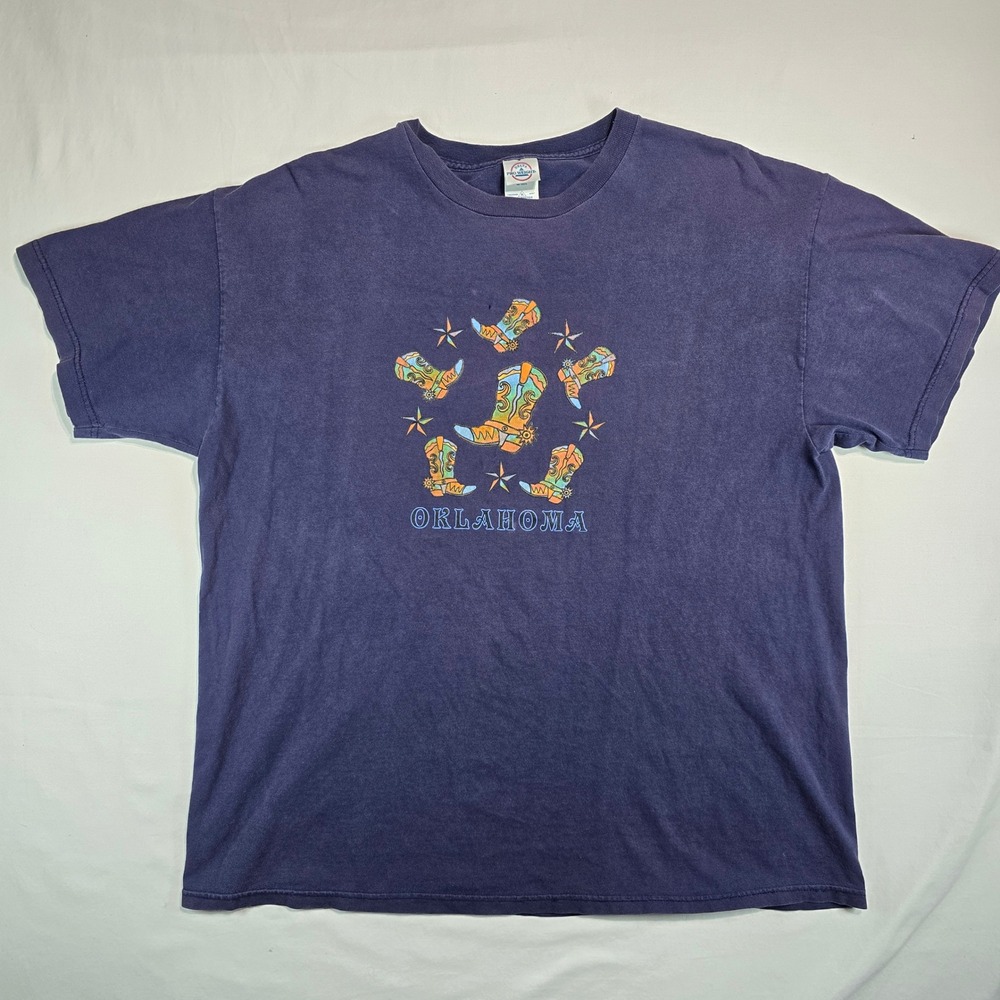 Vintage Delta Pro Weight Oklahoma Cowboy Boots Graphic T-Shirt Navy Blue XL